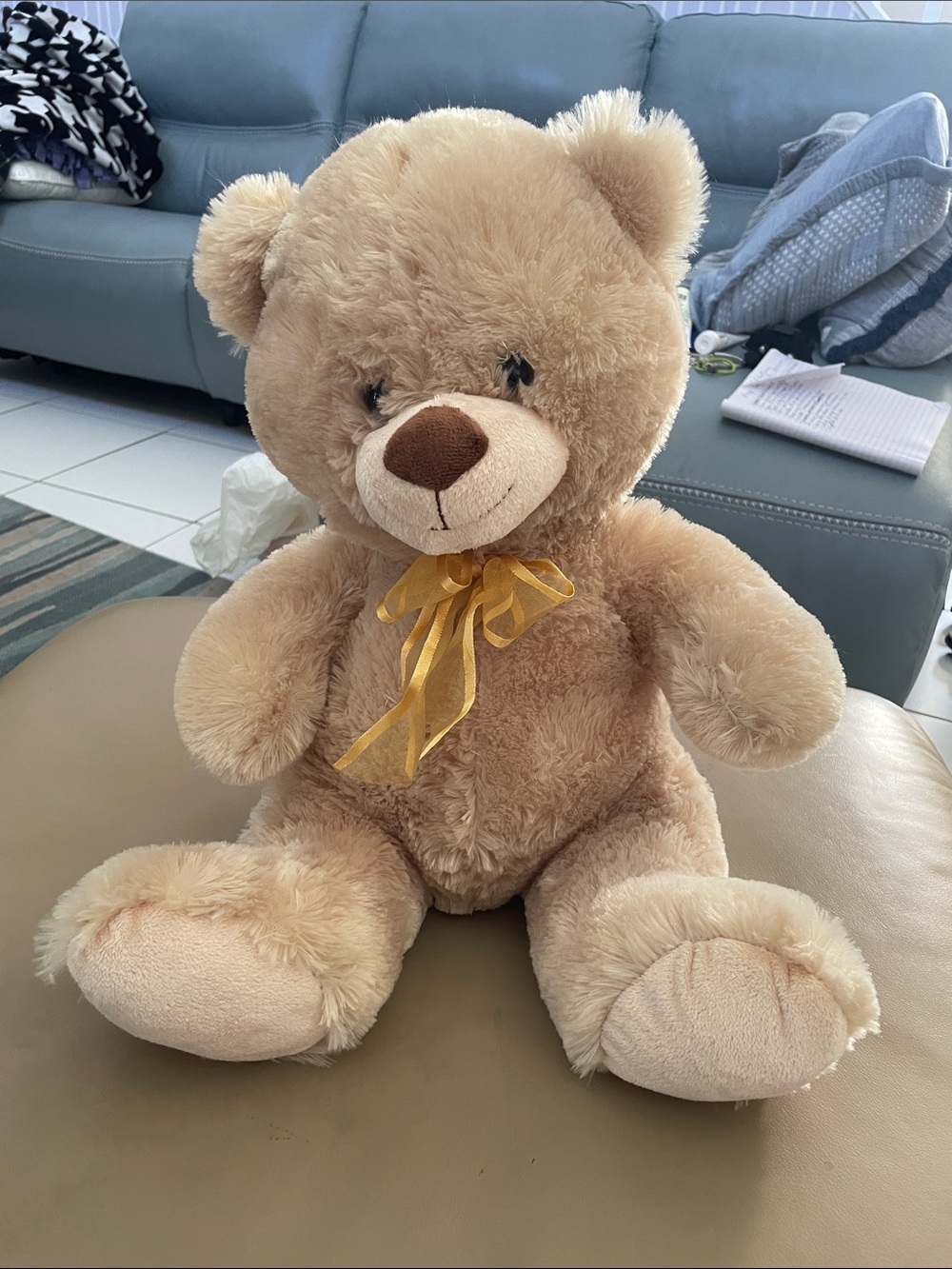 Plush Light Brown Teddy Bear with Ribbon - Kids Toy 16 inches tall sitting.